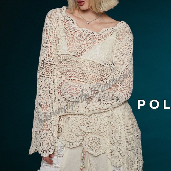 POL Bohemian Victorian Floor Length Hi Low Semi Sheer Crochet Oversized Top - Picture 2 of 13